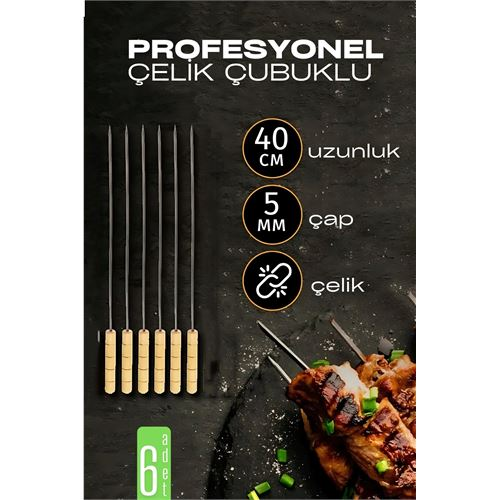 HSNET Çelik Şiş Çubuğu - Mangal Şişi Ahşap Saplı Kebap Şişi 6 Adet