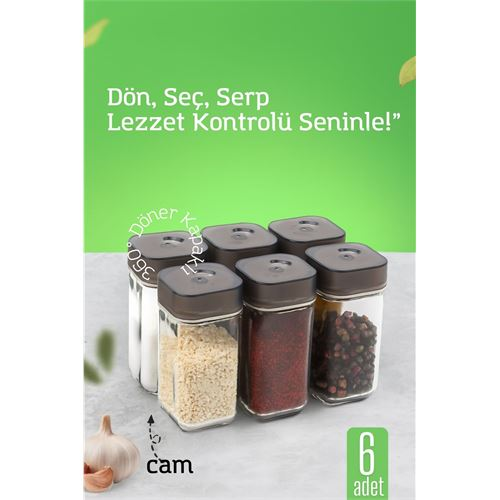HSNET Cam Tuzluk Baharatlık – 360° Döner Kapaklı | 3 Delik Tipiyle Ayarlanabilir Akış 6 ADET