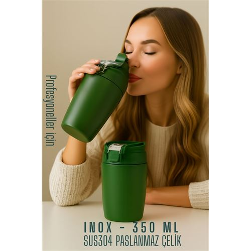 HSNET Inox Çelik Kahve Bardağı - 350 ml SUS304 Çelik Termos Profesyonel YEŞİL