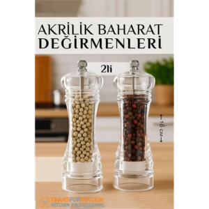 HSNET Baharat Öğütücü - Baharat Karabiber Tuz Değirmeni Ahşap Akrilik Kristal 2 li SET