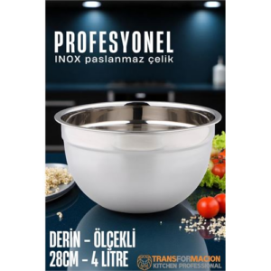 HSNET Inox Ölçekli Derin Kase  - 28 Cm 4 Litre Karıştırma Kabı Profesyonel 304 Paslanmaz Çelik