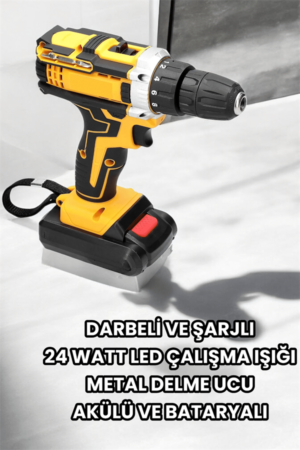 Metal Dişli 24W Akülü Matkap -Çift Bataryalı ve LED Çalışma Işığı ile Tam Set