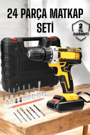 Çift Bataryalı Metal Dişli Darbeli Şarjlı Matkap Seti 24W Güç ve 24 Parça Aksesuar