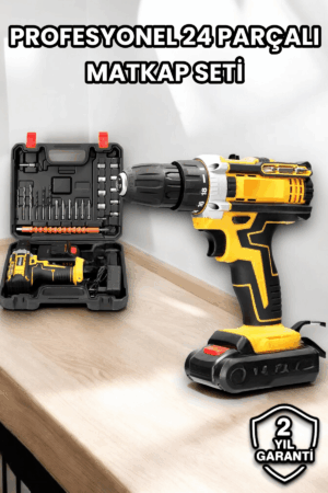 Metal Dişli 24W Akülü Matkap -Çift Bataryalı ve LED Çalışma Işığı ile Tam Set