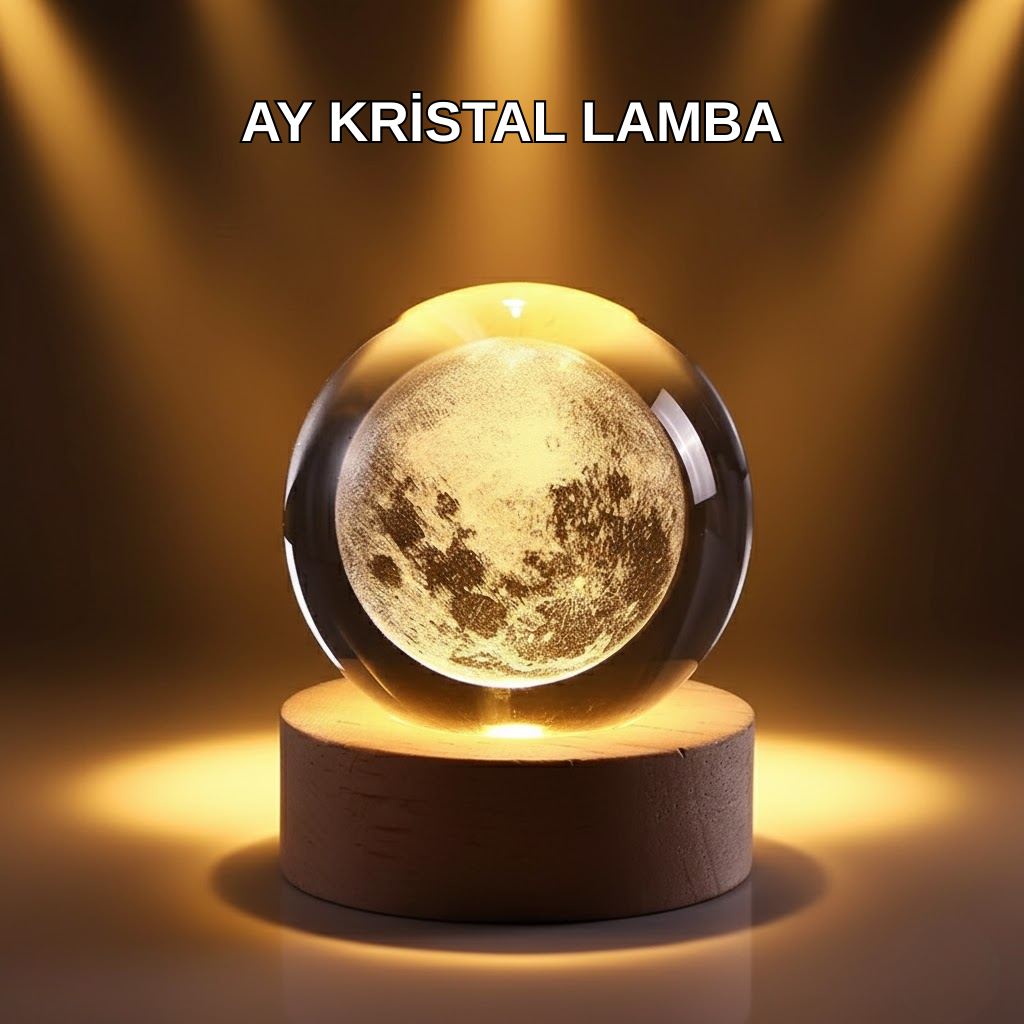 USB Işıklı Ay Kristal Küre 3D Oyma Tasarım Ahşap Standlı Gece Lambası