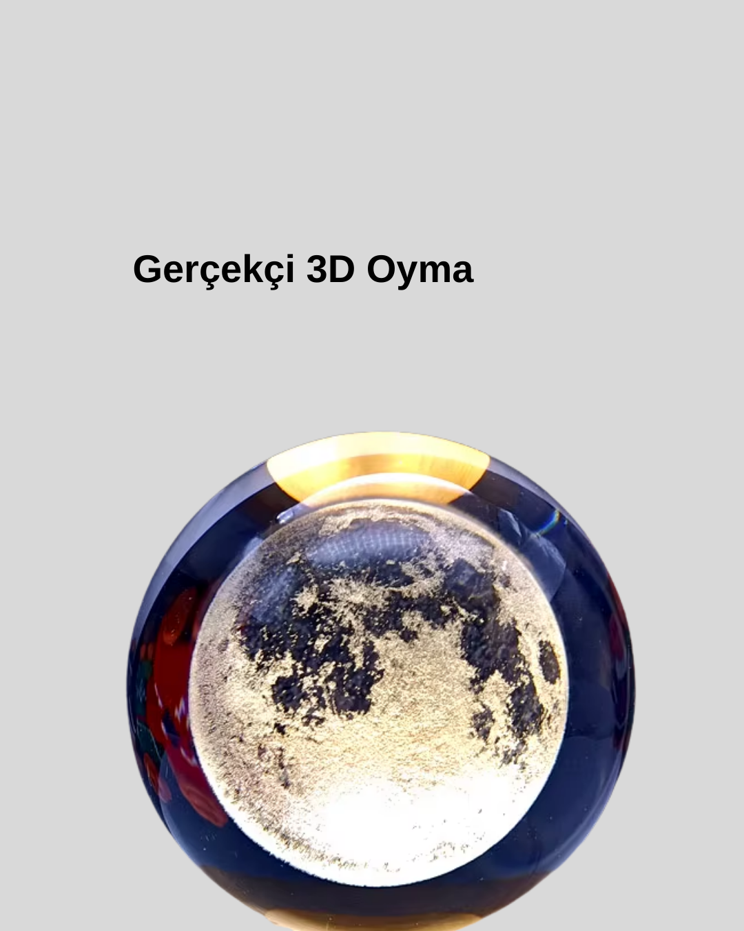 USB Işıklı Ay Kristal Küre 3D Oyma Tasarım Ahşap Standlı Gece Lambası - Görsel 3