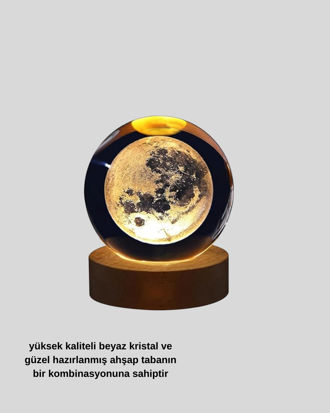 USB Işıklı Ay Kristal Küre 3D Oyma Tasarım Ahşap Standlı Gece Lambası - Görsel 4