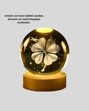 Yonca Figürlü Cam Küre USB Işıklı Ahşap Tabanlı Dekoratif Masa Lambası