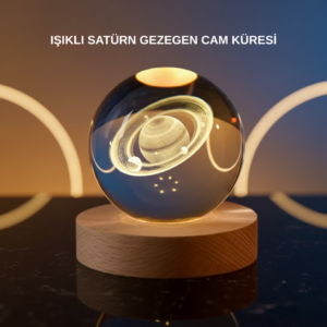 3D Satürn Gravürlü Kristal Küre Dekoratif LED Işıklı Gece Lambası