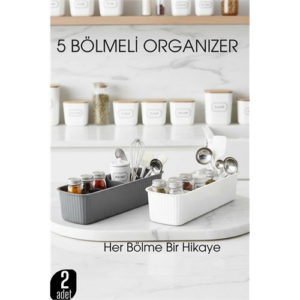 5 Bölmeli Mutfak Organizer Kutusu Gri & Beyaz 2’li Set  Baharat ve Gereç Düzenleyici
