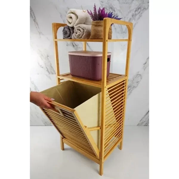 2 Organizer Raflı Ahşap Bambu Çek-Aç Kirli Sepeti - Görsel 2