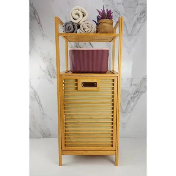 2 Organizer Raflı Ahşap Bambu Çek-Aç Kirli Sepeti - Görsel 3