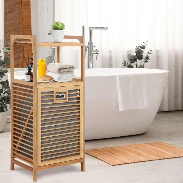 2 Organizer Raflı Ahşap Bambu Çek-Aç Kirli Sepeti - Görsel 4