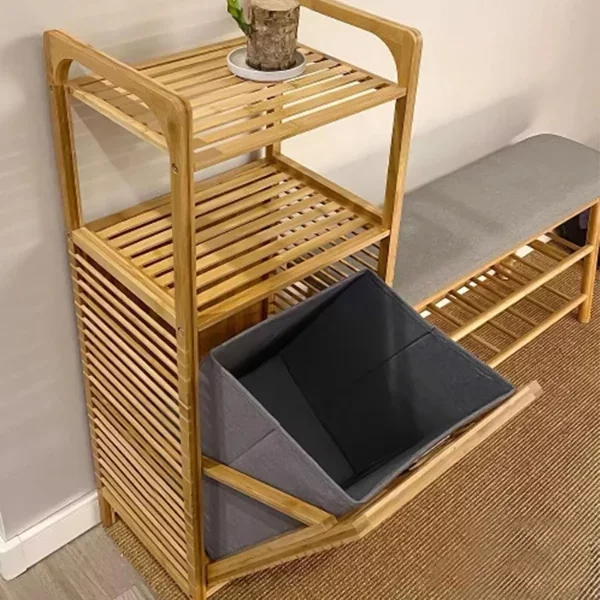 2 Organizer Raflı Ahşap Bambu Çek-Aç Kirli Sepeti - Görsel 5