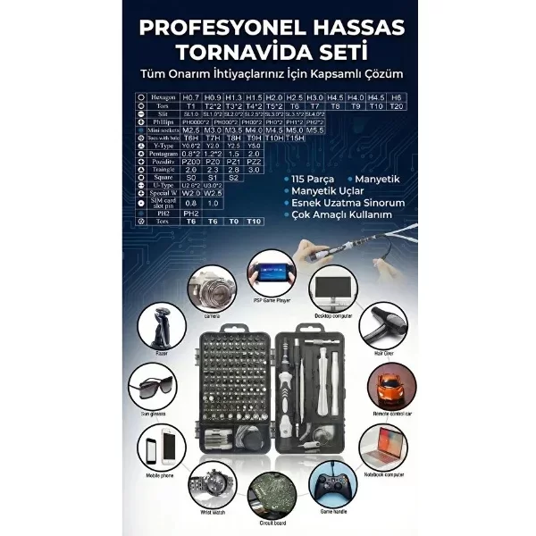 115 Parça Manyetik Uçlu Hassas Tornavida Seti - Görsel 3