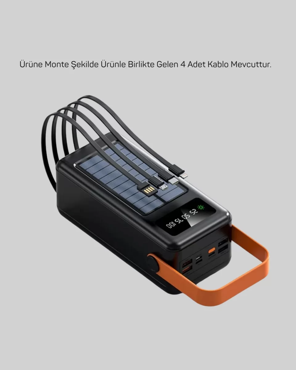 80000 mAh Güneş Enerjili Powerbank 4 Kablolu Type C Lightning Micro USB - Görsel 5