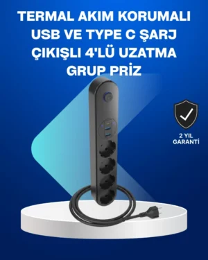 Akıllı Akım Dengelemeli 4’lü Çoklu Priz Type-C ve USB Çıkışlı