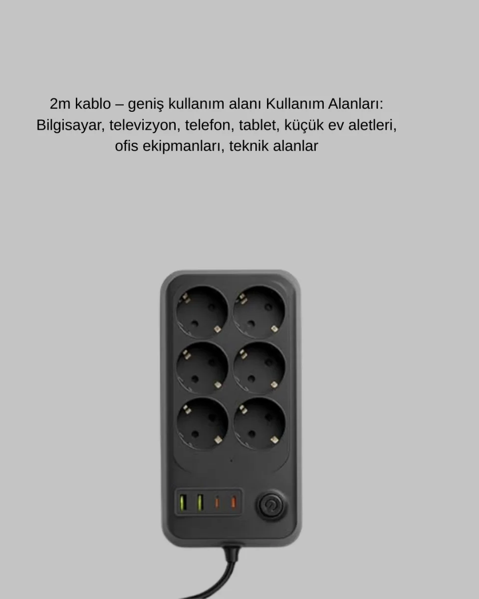 Termal Akım Korumalı 6’lı Uzatma Priz USB Type-C Hızlı Şarj 2500W - Görsel 4