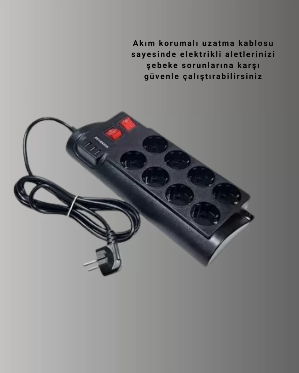 Isıya Dayanıklı Termal Akım Korumalı 8'li Priz ve 3 USB Girişli Uzatma Kablosu - Görsel 3