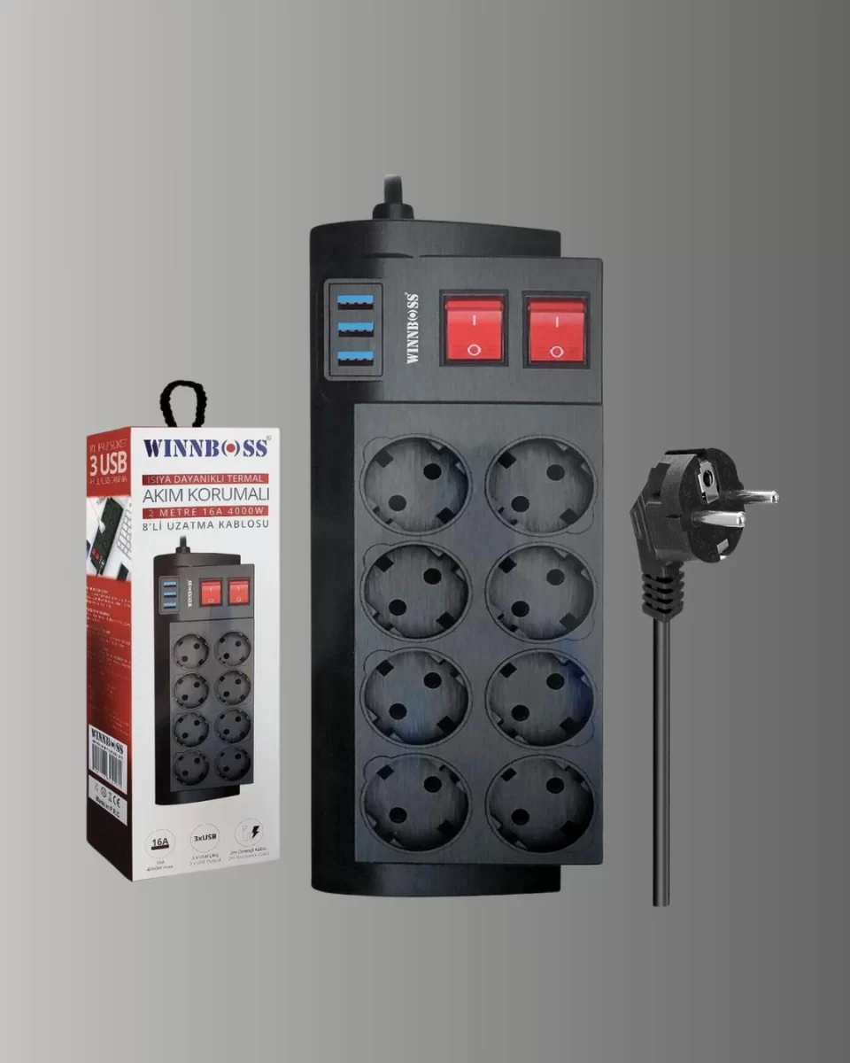 Isıya Dayanıklı Termal Akım Korumalı 8'li Priz ve 3 USB Girişli Uzatma Kablosu - Görsel 5