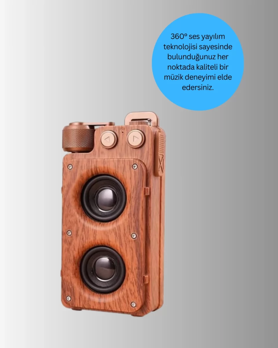 Retro Bluetooth Hoparlör Ahşap Görünümlü 5W Çift Stereo Ses - Görsel 2