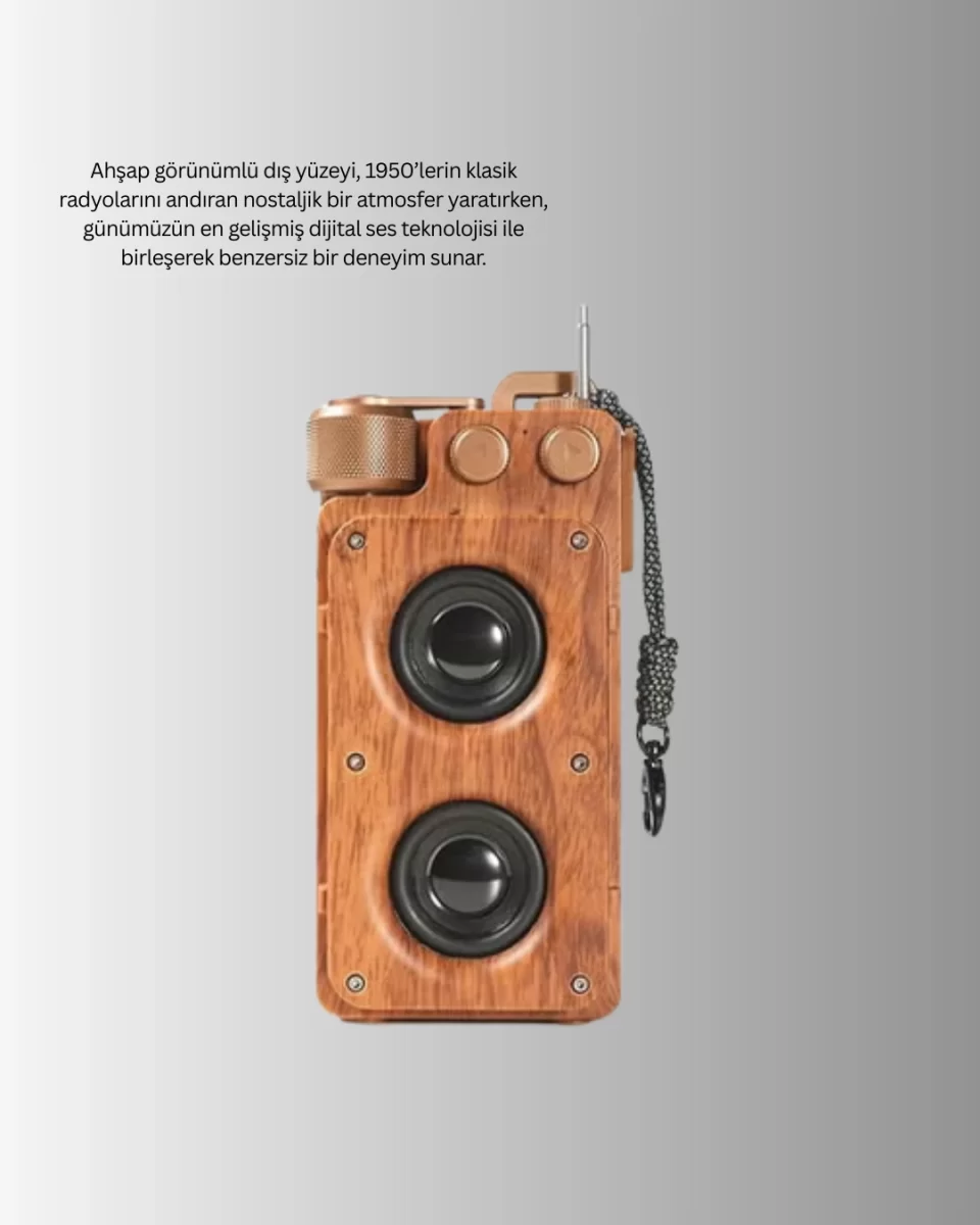 Retro Bluetooth Hoparlör Ahşap Görünümlü 5W Çift Stereo Ses - Görsel 4