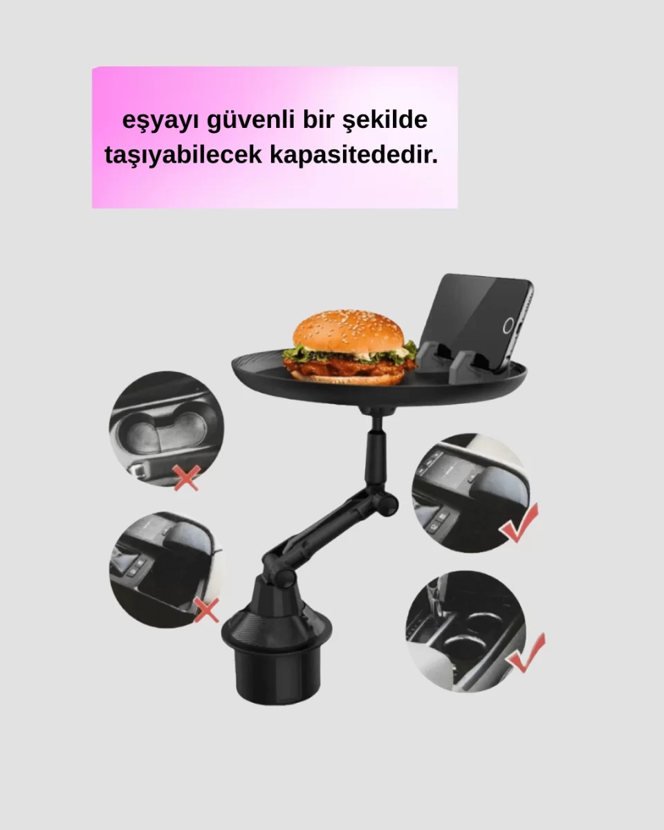 360° Döner Araç Bardaklık Tepsisi Geniş Yemek Alanlı Telefon Standlı - Görsel 4