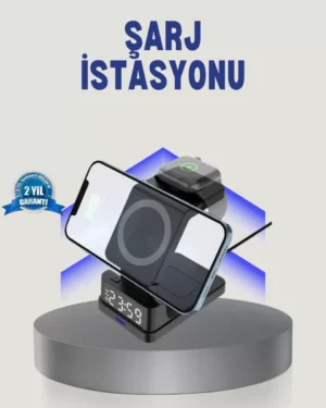 Kablosuz Şarj Cihazı ve Dijital Saat – 4’ü 1 Arada Hızlı Şarj, Apple Uyumlu, LED Işıklı Tasarım