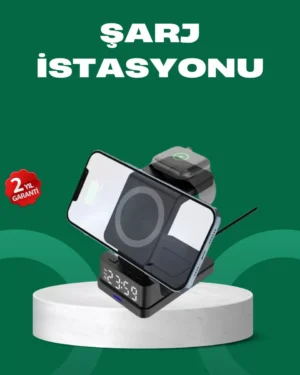 Dijital Saatli Kablosuz Şarj İstasyonu – 3’ü 1 Arada Apple Uyumlu Hızlı Şarj ve LED Ekran