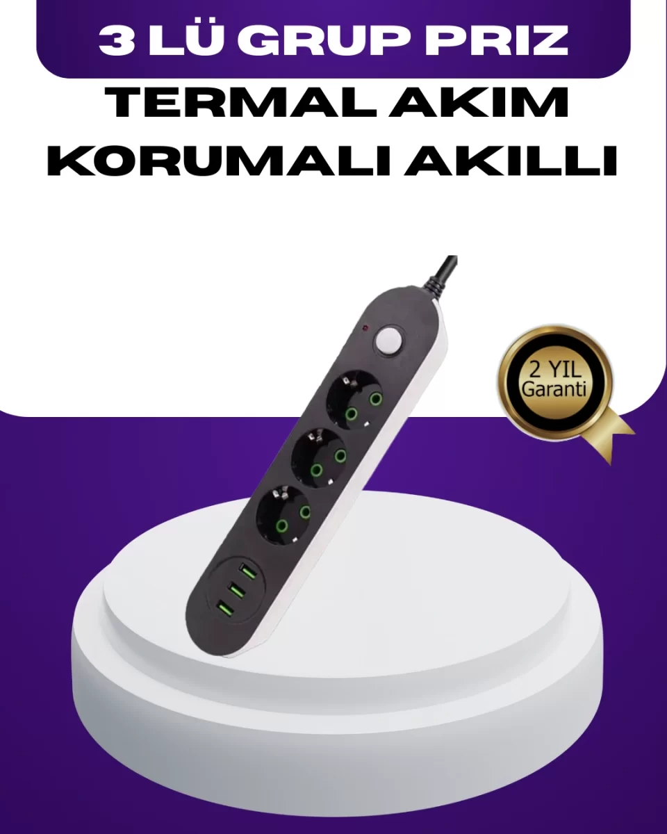 USB Yuvalı Anahtarlı Üçlü Priz 2 Metre Kablolu