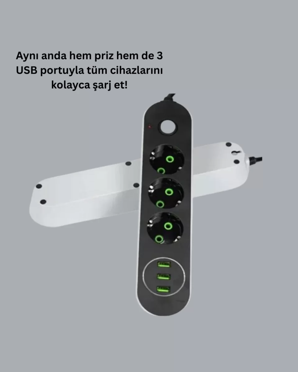 USB Yuvalı Anahtarlı Üçlü Priz 2 Metre Kablolu - Görsel 2
