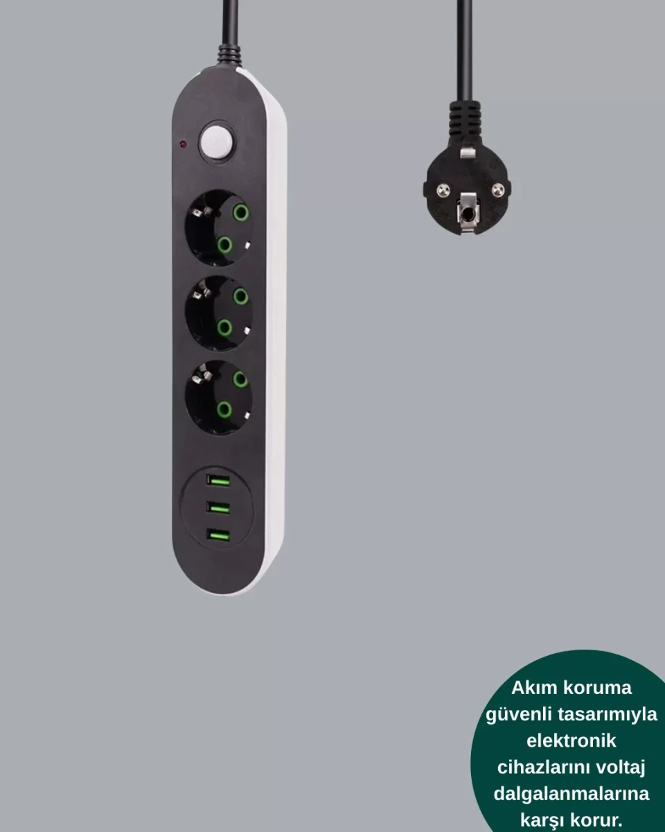USB Yuvalı Anahtarlı Üçlü Priz 2 Metre Kablolu - Görsel 3