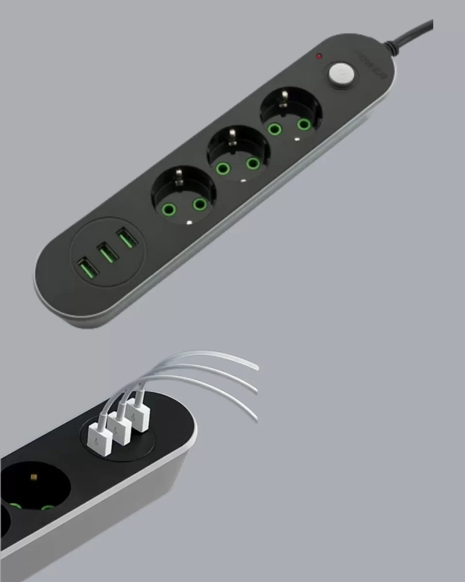USB Yuvalı Anahtarlı Üçlü Priz 2 Metre Kablolu - Görsel 4