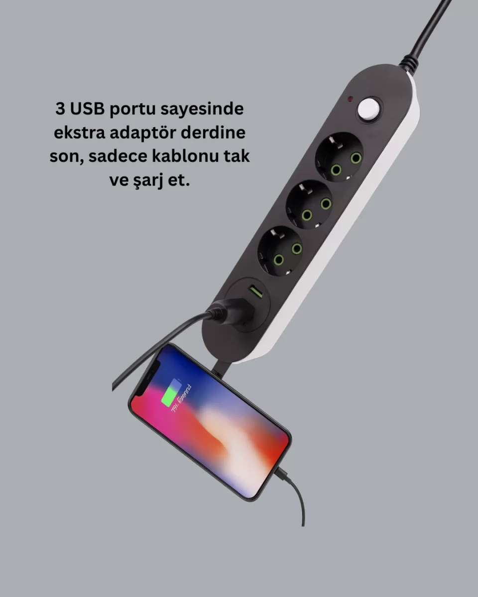 USB Yuvalı Anahtarlı Üçlü Priz 2 Metre Kablolu - Görsel 5