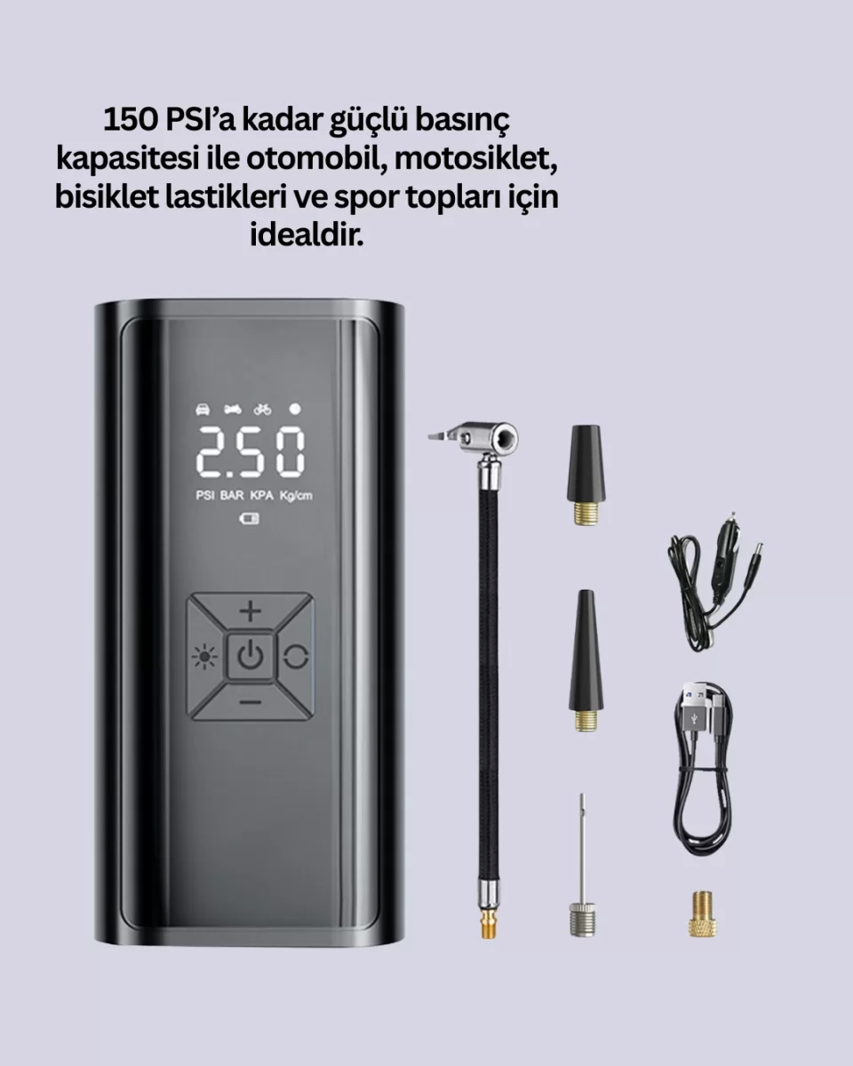 12V Uyumlu Çok İşlevli Akıllı Araç Lastik Pompası - Görsel 3