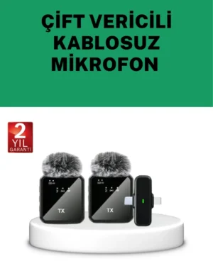 Canlı Yayın ve Video Çekimleri İçin Çiftli Kablosuz Yaka Mikrofon