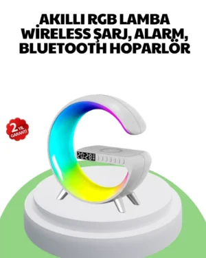 Bluetooth Hoparlörlü RGB Atmosfer Lambası Kablosuz Şarj ve Saat Özellikli