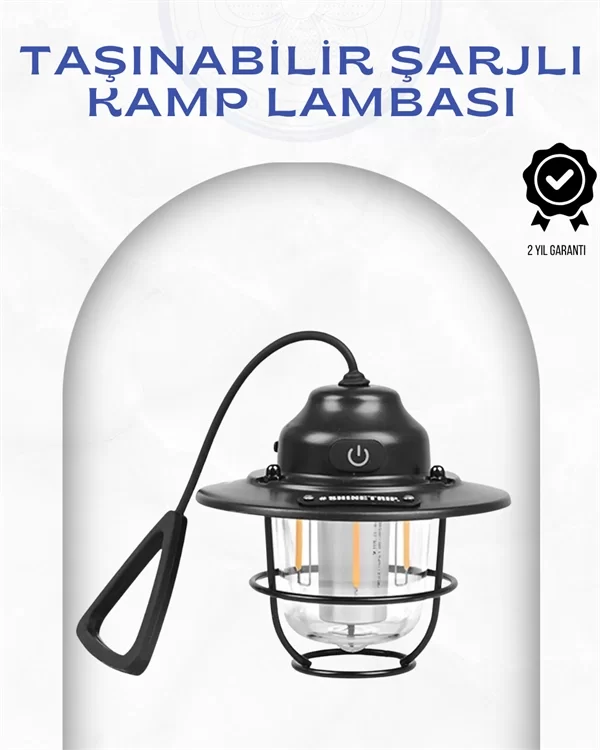 Geometrik Tasarımlı Vintage Kamp Lambası – Type-C Şarj, Ayarlanabilir Parlaklık