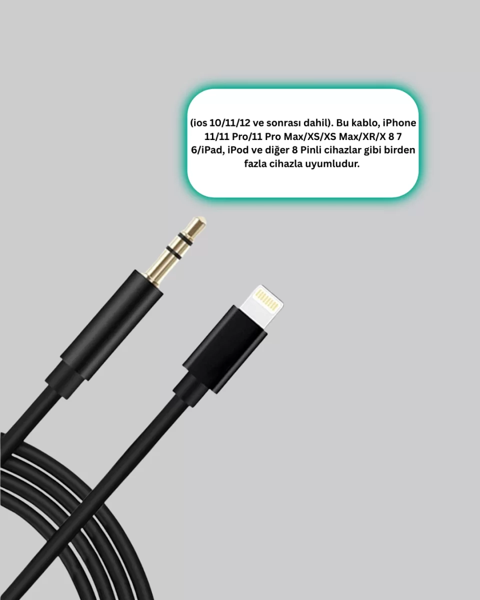 Lightning Girişli Cihazlar İçin 3.5mm Aux Ses Kablo Dönüştürücü 1M - Görsel 3