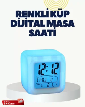 Termometre ve Takvim Özellikli 7 Renk Değiştiren Küp Alarm Saati