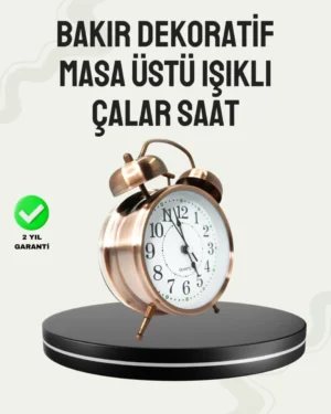 Nostaljik Büyük Boy Metal Masa Saati Bronz Kaplama ve Yüksek Sesli Alarm