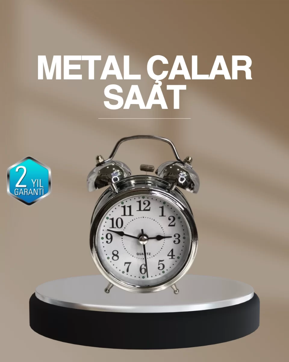 Dekoratif Yuvarlak Gümüş Sessiz Işıklı Masa Üstü Çalar Saat Alarmlı ve Şık Tasarım