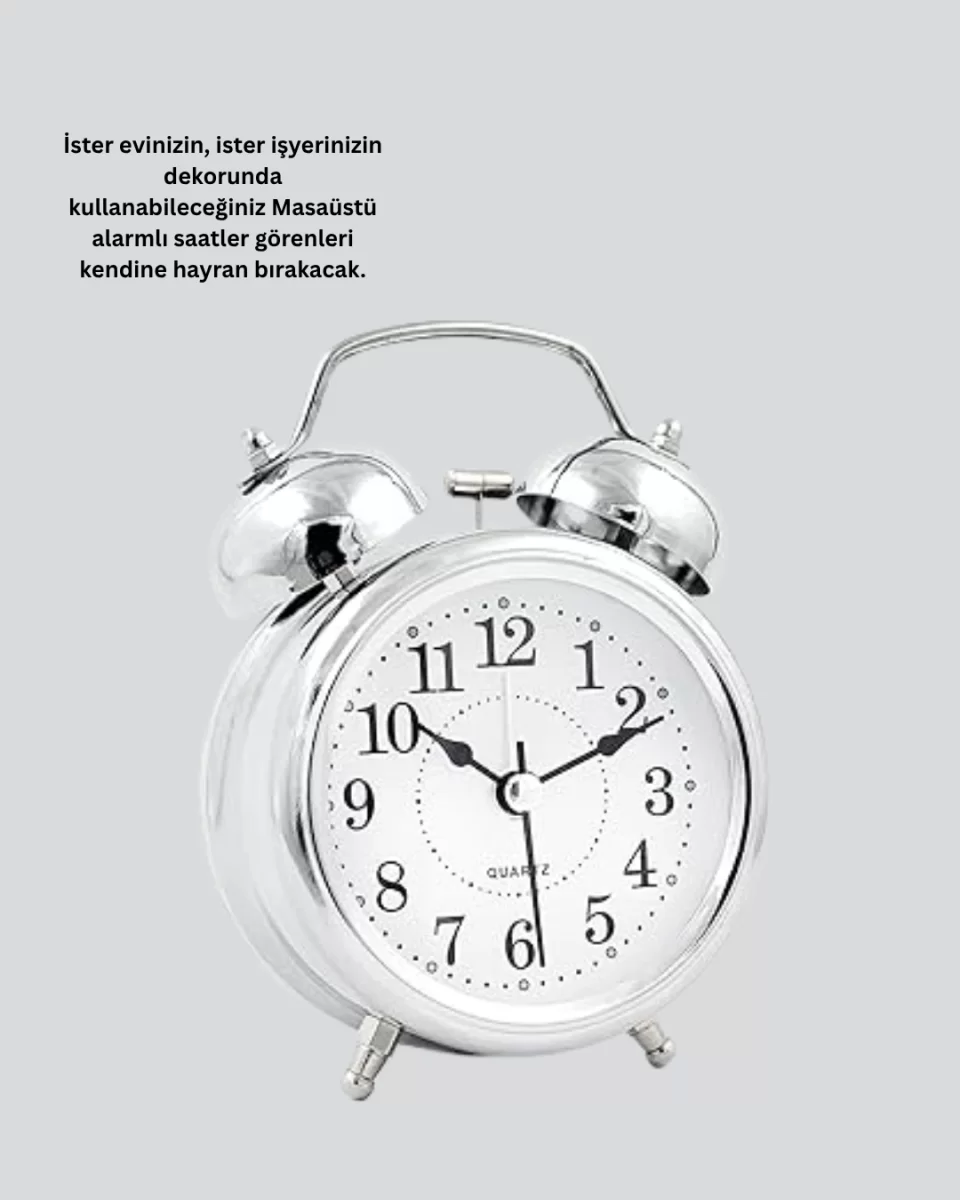 Dekoratif Yuvarlak Gümüş Sessiz Işıklı Masa Üstü Çalar Saat Alarmlı ve Şık Tasarım - Görsel 4