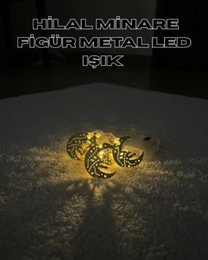 Gold Renk Metal Minareli Hilal LED Işık Pilli Ramazan Süsü
