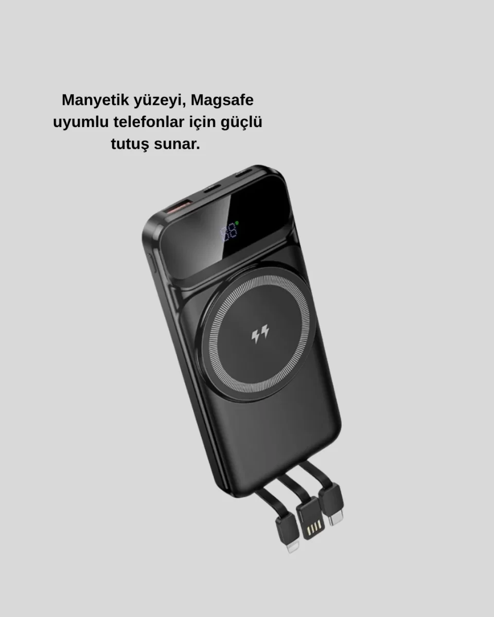 15W Kablosuz Hızlı Şarjlı 10000 mAh Powerbank – Taşınabilir, LED Göstergeli - Görsel 3