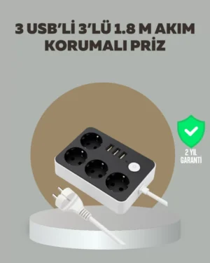 4 Prizli 3 USB Portlu Anahtarlı Akım Korumalı Priz
