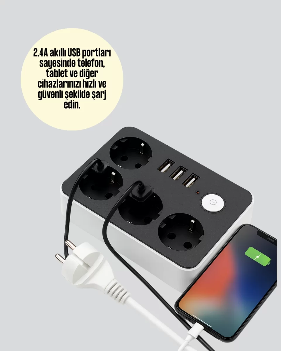 4 Prizli 3 USB Portlu Anahtarlı Akım Korumalı Priz - Görsel 3