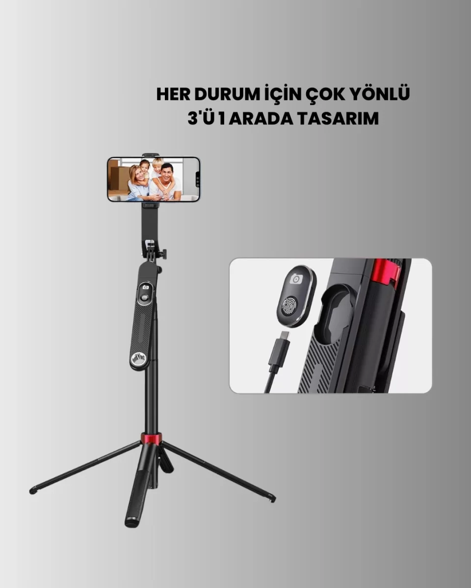Tripodlu Selfie Çubuğu Uzaktan Kumandalı Canlı Yayın Uyumlu - Görsel 5