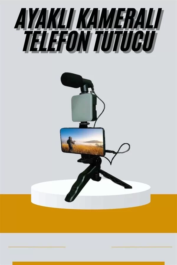 Tripod Telefon Tutucu Kumandalı Mikrofon Led Işık Vlog Video Kayıt - Görsel 2