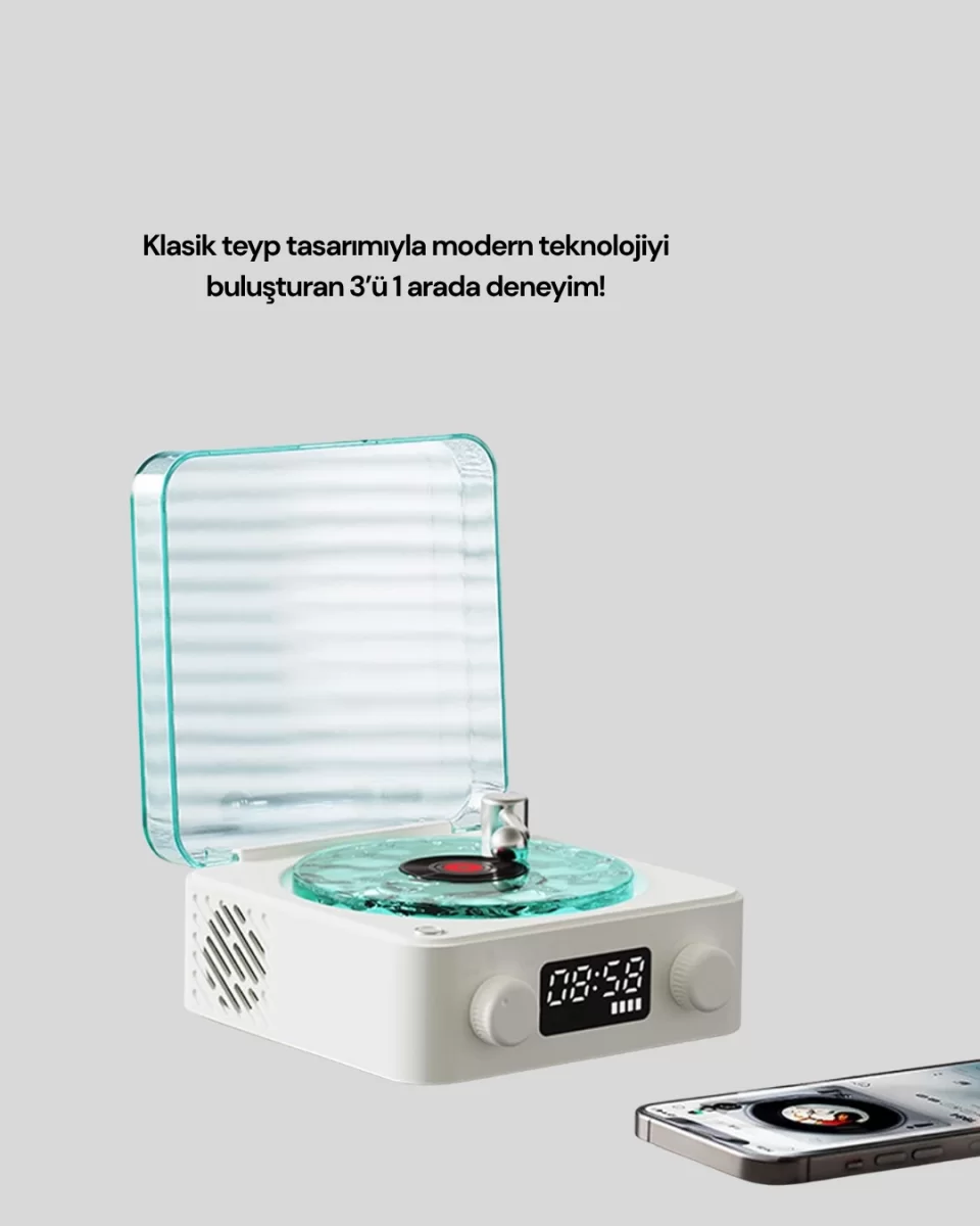 Retro Tasarımlı Gece Lambalı Bluetooth Hoparlör – Saat ve Pil Göstergeli - Görsel 2
